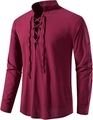 Detail of burgundy linen shirt featuring a vintage lace-up V-neck and mandarin collar - Burgundy