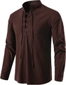 Detail of dark coffee long sleeve shirt featuring a lace-up V-neck and cotton linen texture - Coffee