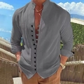 Camicia da uomo in lino grigio scuro a maniche lunghe con collo alla coreana casual - Taglia S / Top / Grigio