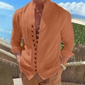 Detail of men's orange linen mandarin collar shirt with dark buttons and casual fit - Orange