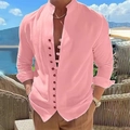 Dettaglio camicia da uomo in lino rosa con colletto alla coreana e bottoni rossi - Taglia S / Top / Rosa