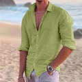 Men's olive green cotton linen long sleeve beach shirt with lapel collar and buttons - Light Green