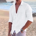Men's white cotton linen long sleeve beach shirt with lapel collar for summer vacations - S / Tops / White