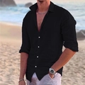 Men's casual black long sleeve beach shirt with white buttons and classic lapel - S / Tops / Black