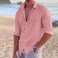 Detail of men's pink linen long sleeve beach shirt featuring breathable fabric texture - S / Tops / Pink