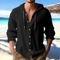 Men's black cotton linen hooded shirt with drawstring and buttons on a sunny beach - S / Tops / Black