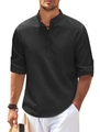 Close-up of black waffle texture fabric on men's long sleeve henley casual shirt - S / Tops / Black