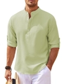 Detailed texture of light green waffle knit fabric on casual long sleeve Henley shirt - Green