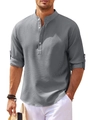 Detail of grey waffle knit fabric on men's Henley shirt with sleeve tabs and buttons - Dark Gray