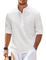 Close-up of white breathable waffle fabric texture and half-buttoned henley collar - S / Tops / White