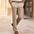 Men's khaki business casual trousers featuring double pleats and a straight-leg cut - Khaki