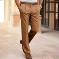 Classic straight-leg khaki business trousers for men featuring elegant waist pleats - Brown