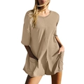 Damen Jumpsuit in Khaki mit V-Ausschnitt, kurzen Ärmeln und Taschen in lockerer Passform - M / Khaki