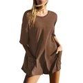 Damen-T-Shirt-Kleid in Kaffeebraun, minimalistisch mit Taschen und Kurzarm - S / Kaffeebraun