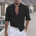 Detail of men's summer long sleeve black shirt with classic collar and button placket - S / Black
