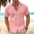 Men's light pink short sleeve cotton linen shirt with classic lapel for summer beach wear - S / Pink