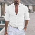 Men's white long sleeve linen beach shirt with classic lapel collar for summer holidays - S / White
