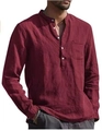 Men's casual long sleeve linen henley shirt with chest pocket in deep wine red color - Burgundy