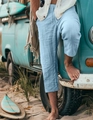 Detail of light blue linen-textured shorts with drawstring waist for summer beach vacation - Sky Blue