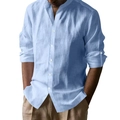 Light blue men's cotton linen shirt with mandarin collar and roll-up long sleeves - S / Blue