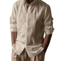 Men's breathable linen cotton long sleeve casual mandarin collar shirt in beige color - S / Khaki