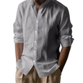Men's grey cotton linen long sleeve shirt with mandarin collar and breathable fabric - L / Dark Gray