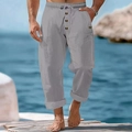 Mens solid color cotton linen loose drawstring casual pants for beach and summer wear - S / Bottoms / Gray