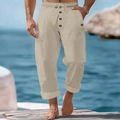 Men's loose linen drawstring trousers in beige with button fly detail by the sea - S / Bottoms / Khaki