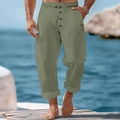 Men's loose linen trousers in olive green with drawstring waist and button details - Army Green