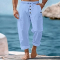 Detail of light blue linen blend trousers featuring drawstring waist and button closure - Light Blue
