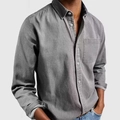Men's grey casual long sleeve linen shirt with front pocket and white buttons - Gray