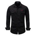Men's casual black cotton long sleeve tactical shirt with chest pockets and embroidery - Black
