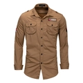 Camisa táctica clásica de algodón caqui con mangas largas y bolsillos dobles en el pecho - S / Caqui