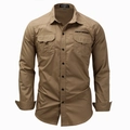 Men's khaki long sleeve cotton outdoor shirt with military cargo pockets and lapel collar - L / Khaki