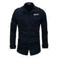 Camisa cargo de hombre en algodón azul marino de manga larga con bolsillos de pecho - S / Azul Marino