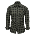 Men's green and black plaid cotton shirt with long sleeves and logo pocket detail - S / Army Green