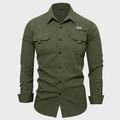 Men's military green long sleeve 100% cotton cargo shirt with dual utility chest pockets - S / Army Green