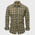 Men's olive plaid long sleeve cotton work shirt with chest pocket and embroidery - S / Khaki
