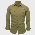 Men's olive green long sleeve cotton cargo shirt with multi-pocket utility design - S / Khaki