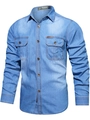 Men's retro light blue denim long sleeve work shirt with double pockets and vintage wash - S / Light Blue