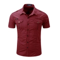 Men's short sleeve military style cotton cargo shirt in deep red with double chest pockets - S / Burgundy