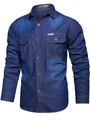 Men's vintage long sleeve denim work shirt in deep blue cotton with double chest pockets - S / Dark Blue