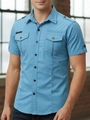 Detail of lake blue slim fit shirt featuring shoulder epaulettes and double chest pockets - Sky Blue