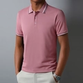 Detail of dusty rose polo shirt featuring striped collar and ribbed cuffs texture - Sand Red