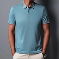 Men's light blue-green polo shirt with red white and blue striped cuffs and collar - Blue-Grey