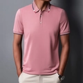 Men's short sleeve polo shirt in dusty pink with tricolor striped collar detail - Lotus root pink