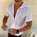 Detail von weißem Herren-Kapuzenshirt mit Reißverschluss, Netzstruktur und Kordelzug - S / Kurzarm-Oberteil / Weiß