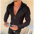 Men's slim fit black hooded cardigan with micro-dot texture and ring zipper detail - S / Tops / Black