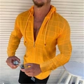 Men's slim fit hooded cardigan in bright orange with textured checkered long sleeves - S / Tops / Orange