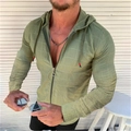 Slim fit men's hooded long sleeve cardigan in grass green with textured waffle pattern - S / Tops / Green